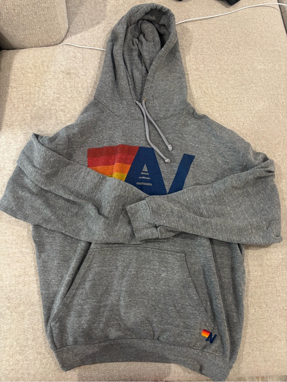 Aviator Nation Gray Hoodie with Rainbow Chevron and Blue 'A' Graphic